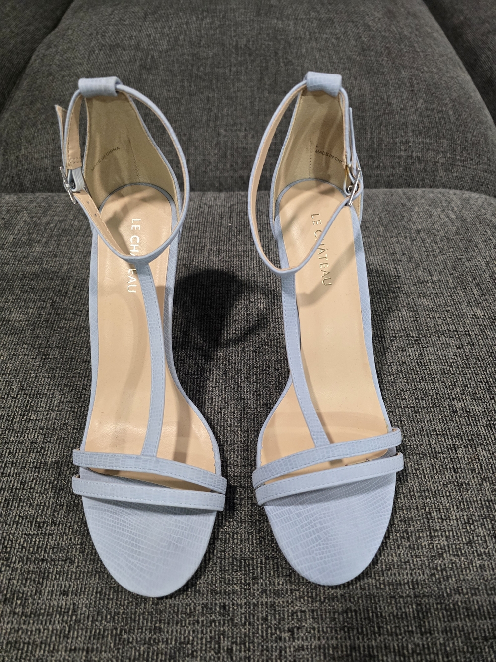 le chateau Light Blue Strappy T‑Bar Ankle Strap Heels
